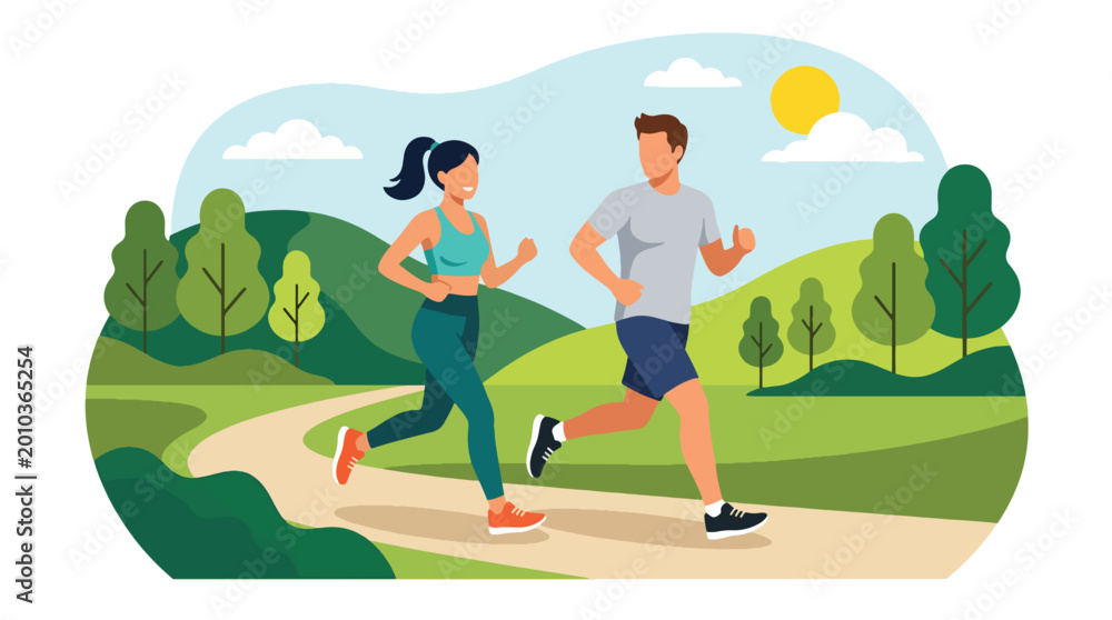 Fototapeta premium Flat style vector illustration of couple jogging together in park, romantic healthy lifestyle concept