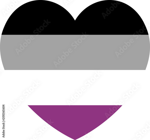 Asexual flag heart shaped with black, grey, white, purple stripes. Flag of asexual pride heart. Sexual identification heart flag. Lack of sexual orientation. LGBT pride heart flag.