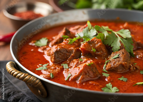 Rogan josh lamb curry, vibrant red gravy, shallow depth of field