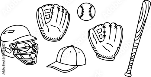 Tableau sur toile Hand-drawn baseball equipment: bat, mitts, helmet, cap, and ball white glove