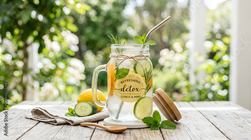 Refreshing detox water with lemon, lime, cucumber, rosemary, and mint in a glass mug outdoors © Trendy Graphics