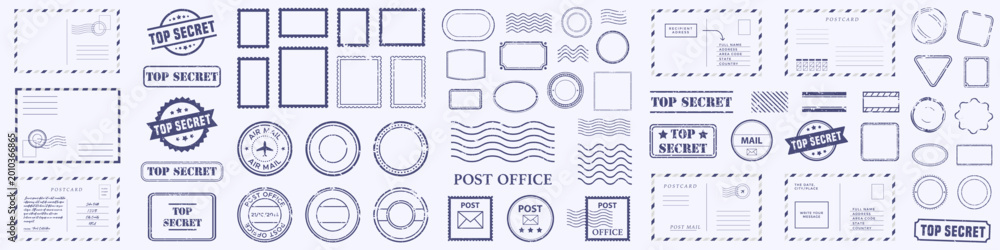Fototapeta premium Post office stamp and mail template collection. Set of postcards, seals, marks and postal decorative elements