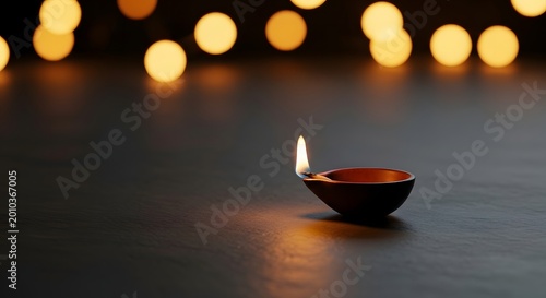 Diwali oil lamp lit on dark surface.