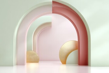 Abstract juneteenth soft arch interior background with pastel layered arches and gold semicircles for wall wallpaper and poster design