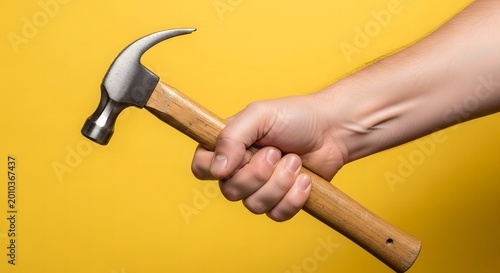 Hand holding hammer on yellow background.