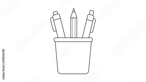 Office pen cup vector icon illustration featuring editable stroke, minimalist desk organizer symbol with pencils and stationery, clean hand-drawn line art for workplace organization concept.