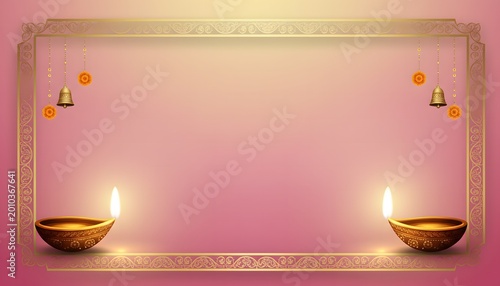 Pink festive border with lighted diyas.