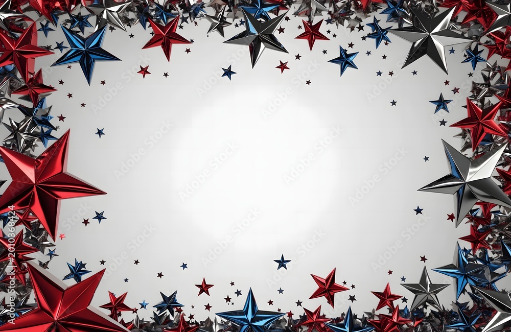 Fototapeta premium Red white and blue stars frame on white.