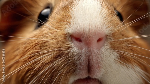Close up of a guinea pig face with brown and white fur details