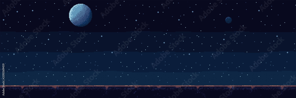 Fototapeta premium Pixel art sky with moon and stars in deep space. Retro game background of alien planet horizon. Digital landscape design for 2D gaming development, fantasy environment and night scene.