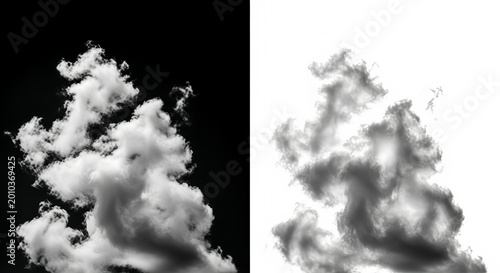 White fluffy clouds on black and white backgrounds for design
