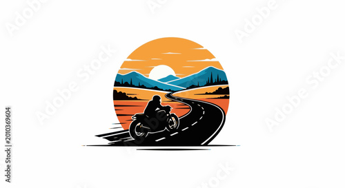 Silhouette motorcyclist rides on winding road during sunset with mountains
