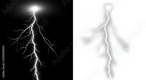 Lightning bolt with branches on black and white backgrounds for design use