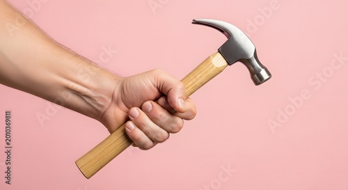 Hand holding hammer on pink background.