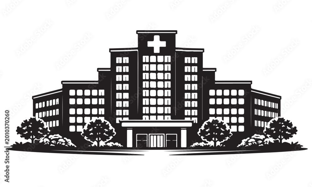 Obraz premium Hospital silhouette, medical building, civic urban, vector isolated on white