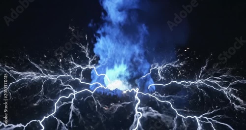 Dynamic blue energy explosion with lightning bolts in a dark background, showcasing power