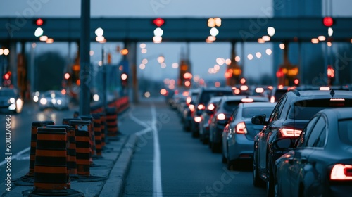 Evening traffic jam on a city highway with blurred car lights