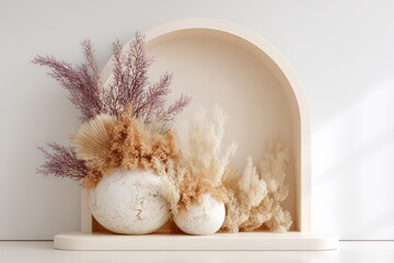 Festive juneteenth display pedestal with soft arch background and dried grasses for interior decor and product staging