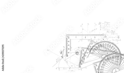 Принти на полотні Plastic transparent ruler and semicircle protractor with abstract drawings of ge
