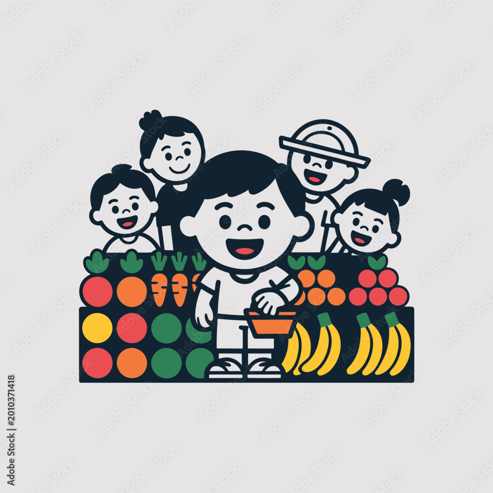 Fototapeta premium Cheerful children selecting fresh produce at a vibrant market stall, showcasing colorful fruits and vegetables in a playful, illustrative style.