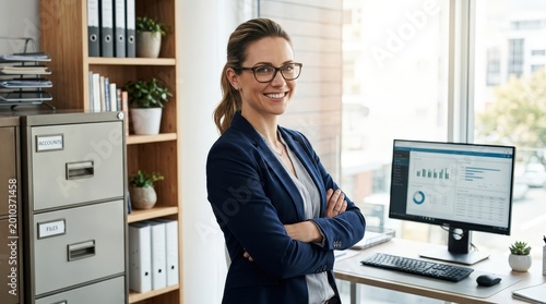 Confident businesswoman in modern office with computer and charts, smiling and professional