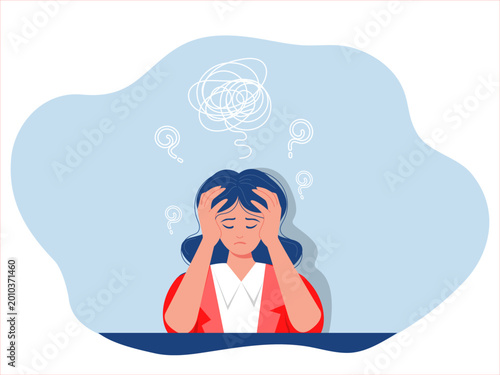 woman suffers from obsessive thoughts; headache; unresolved issues; psychological trauma; depression.Mental stress panic mind disorder illustration Flat vector illustration