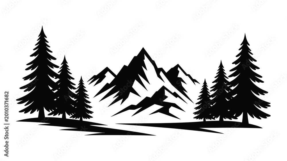 Fototapeta premium Majestic mountains rise above a dark forest silhouette birds fly overhead a tranquil scene