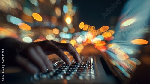 Hands typing on laptop keyboard with blurry bokeh lights and motion effect