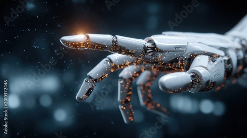 Close up of a robotic hand pointing with blurred background and bokeh