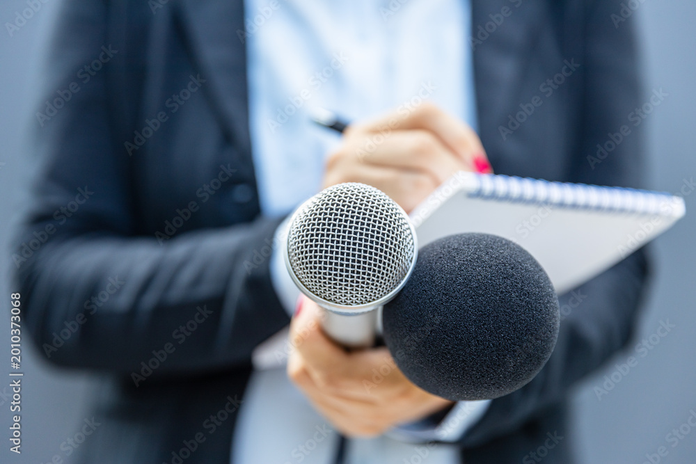 Naklejka premium Female journalist holding microphones and taking notes at press conference or media interview event