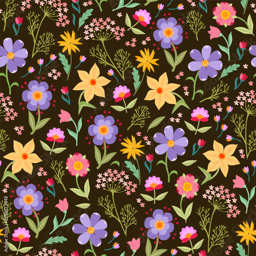 Floral seamless pattern. Beautiful print with flowers and leaves on black bac...