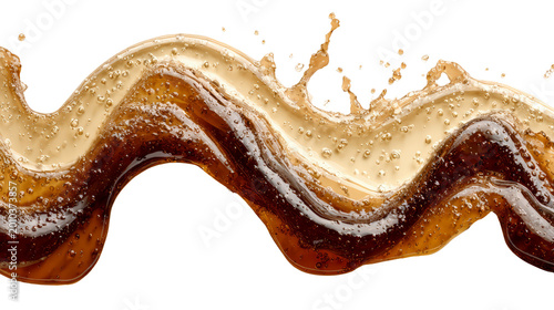 Abstract Cola Splash Wave With Bubbles. Dynamic fizzy cola splash flowing in a wave shape with sparkling bubbles, ideal for beverage advertising, refreshment themes, and abstract backgrounds.