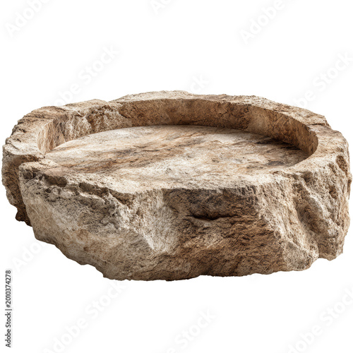 Rustic Natural Stone Display Podium Stand. Rough carved stone platform with organic texture and circular recessed surface, ideal for product display, cosmetics, jewelry, and earthy branding.