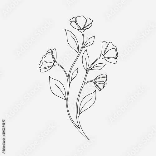 Minimalist line art of delicate blooming flowers and leaves, elegant botanical illustration