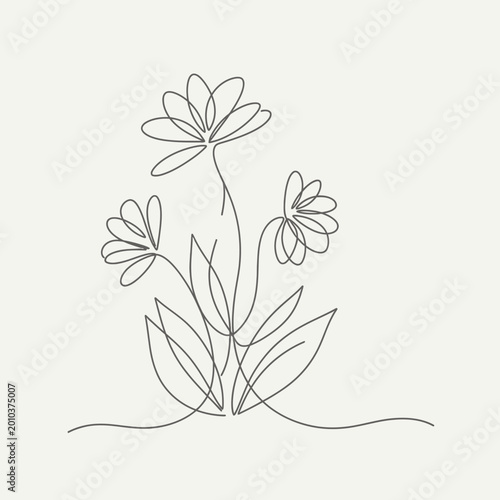 Minimalist single line drawing of three delicate flowers with leaves on a neutral background