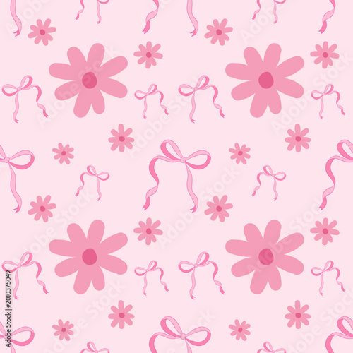 Cute Pink Floral and Ribbon Seamless Pattern on Soft Pastel Background