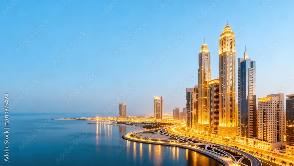Obraz premium City skyline with illuminated buildings by waterfront