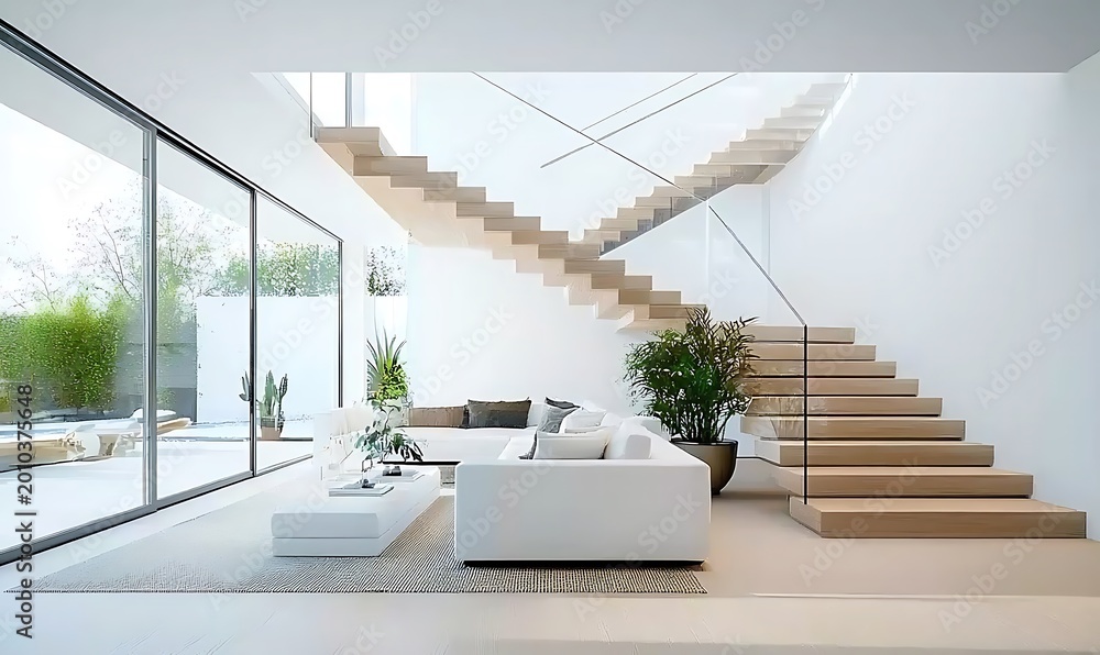 Fototapeta premium Modern interior design with open plan living space and floating wooden staircase.
