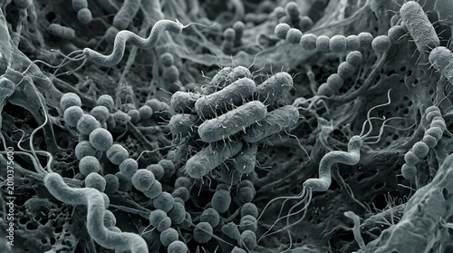 Microscopic 3D Render of Diverse Bacterial Biofilm: Cocci Bacilli and Spirilla Pathogens in Microbial Colony