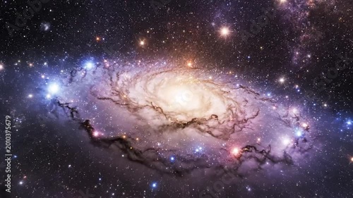 Spiral Galaxy Animation With Glowing Core Zooming Through Purple Nebula In Deep Space