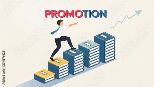 Businessman Climbing Stacked Files to Reach Promotion Goal