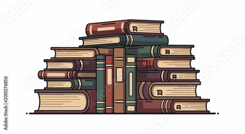 A tall, uneven stack of various old books