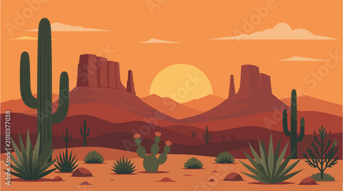 Arizona Desert Landscape Flat Vector Art Illustration