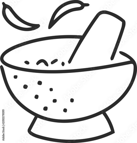 Mortar chili paste thai culture line outline doodle icon for design concept