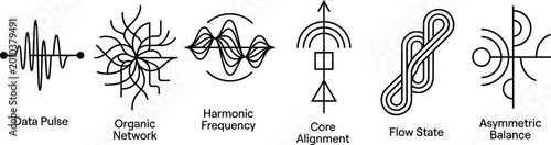 Foto Abstract line art icons representing data pulse and network flow