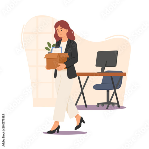 fired woman leaving office with box, woman holding belongings after job loss, woman walking away from workplace with sad mood career transition illustration