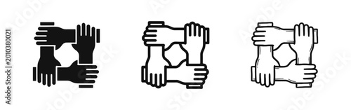 Schilderij op canvas Four Hands Joined in Unity Icon Set for Teamwork and Cooperation