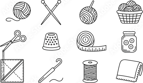 Bild auf Leinwand Set of sewing and knitting line icons including yarn balls needles scissors thim
