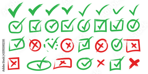 Fotografie Hand drawn  check and cross icons set in circle and square outline checklist marks vector illustration