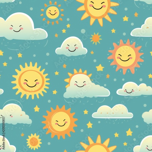 Seamless pattern with smiling suns clouds on teal blue background